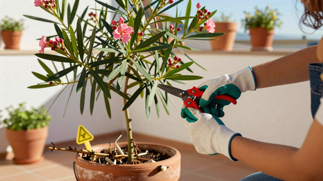 Pessoa podando plantas com flores rosas em vaso de cerâmica em ambiente externo iluminado.