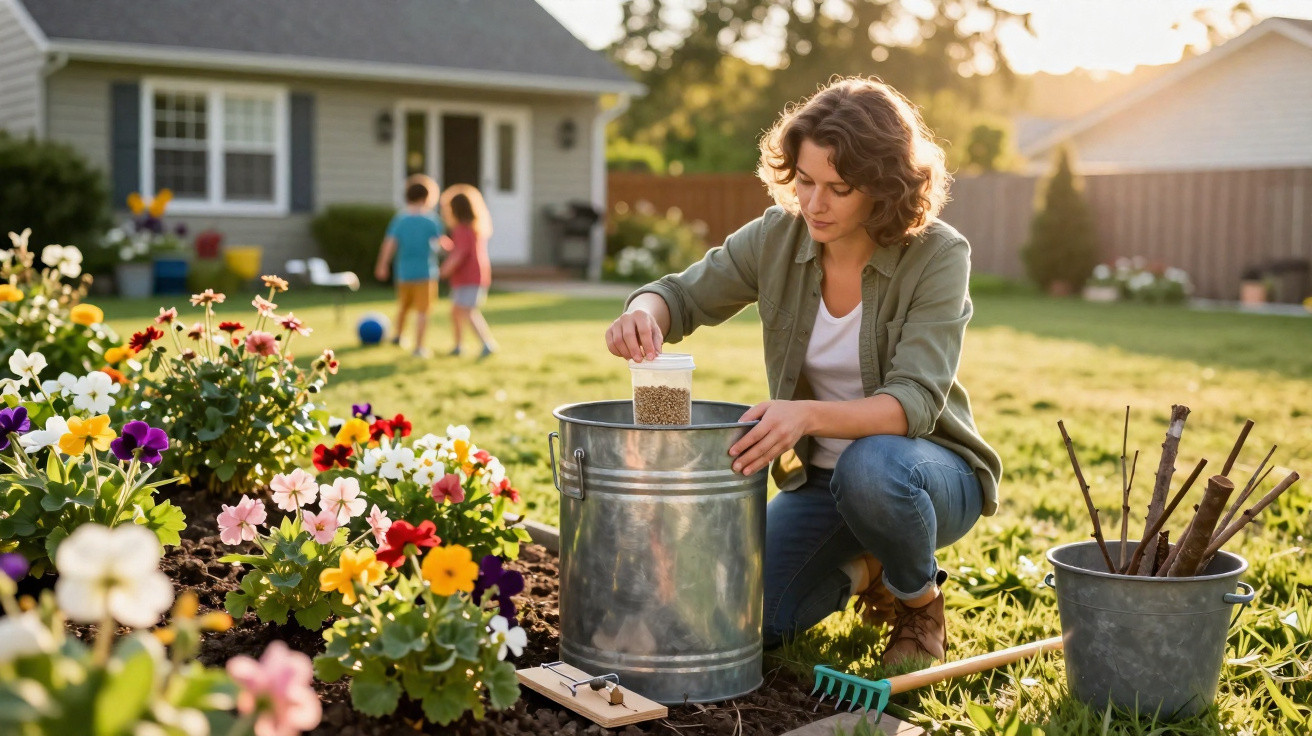 Mulher jardineira cuidando de plantas, cercada por flores e crianças brincando ao fundo em casa.