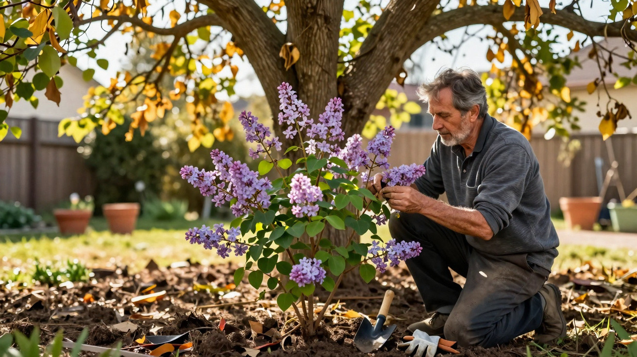 Homem cuidando de arbusto com flores roxas em jardim durante o dia sob árvore.