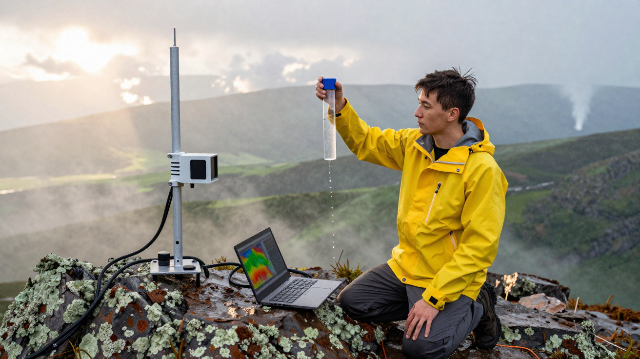 Homem de casaco amarelo coleta amostra de água em área montanhosa com equipamentos científicos e laptop.