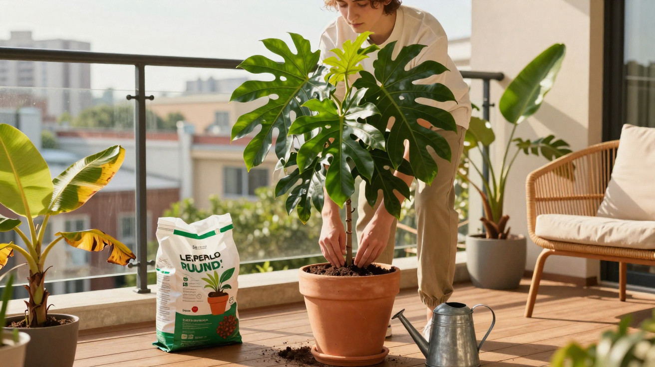 Pessoa cuidando de planta em vaso no terraço com regador e saco de adubo ao lado.