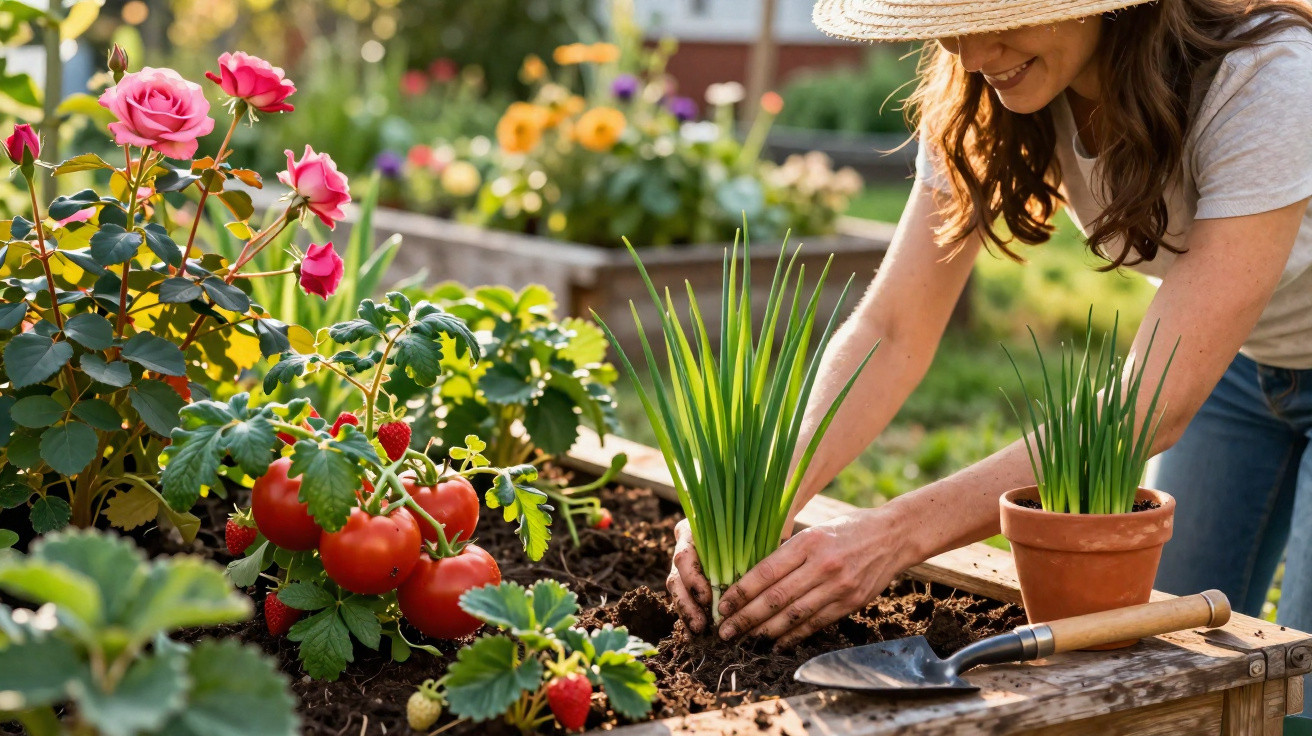 Mulher plantando ervas em canteiro elevado com tomate, morango e rosas ao redor em jardim ensolarado.