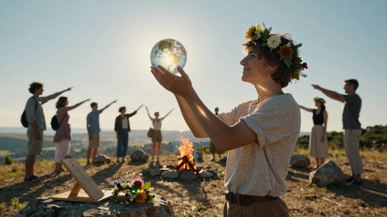 Jovem com coroa de flores segura globo terrestre, grupo ao fundo em círculo perto de fogueira ao ar livre.
