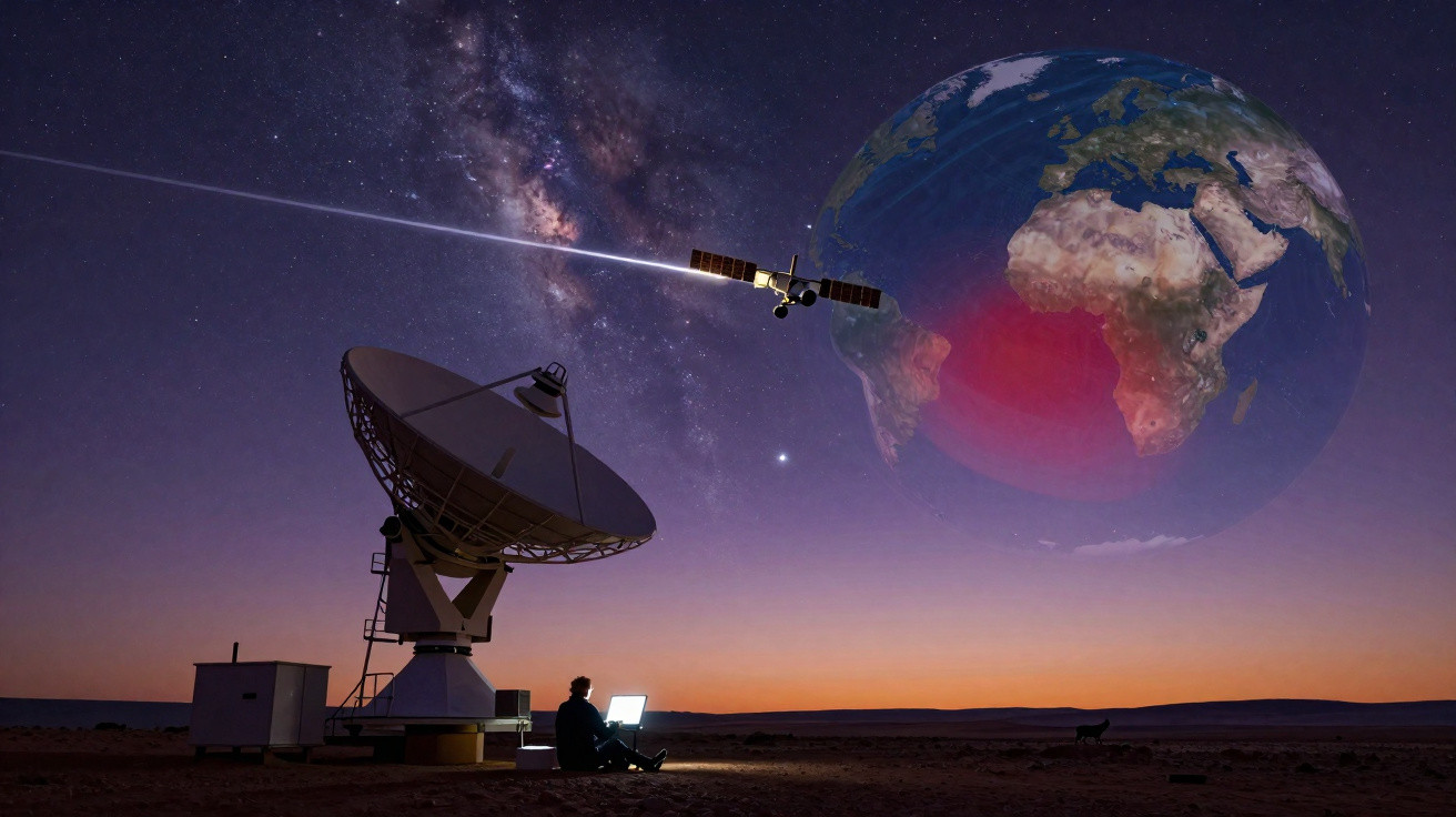 Pessoa usando laptop ao lado de antena parabólica à noite, satélite enviando sinal para a Terra no espaço.