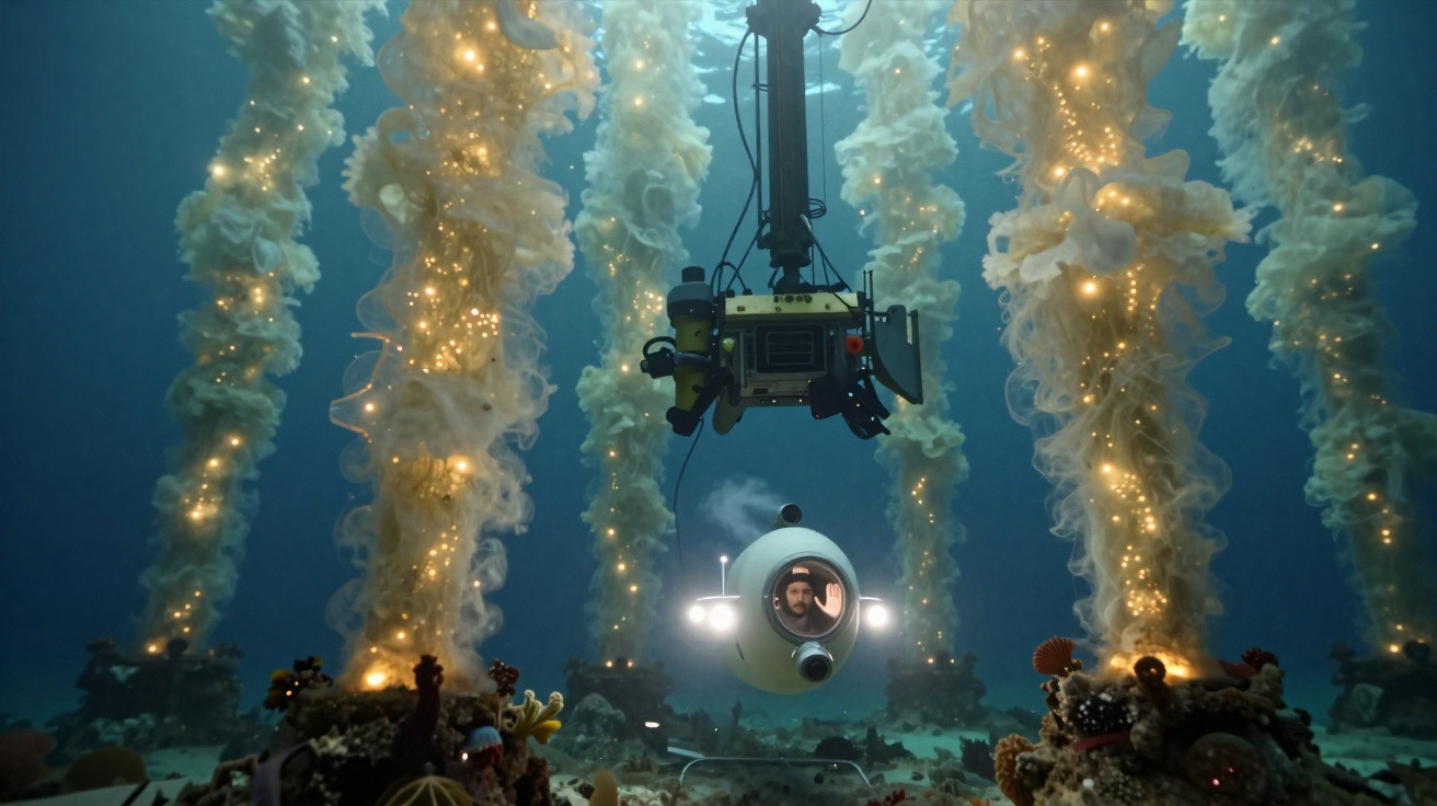 Homem em pequeno submarino esférico explora fundo do mar com luzes e corais ao redor.