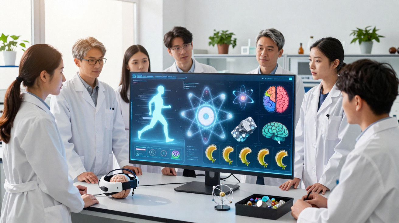 Grupo de cientistas observando dados de biologia e física em tela digital em laboratório moderno.