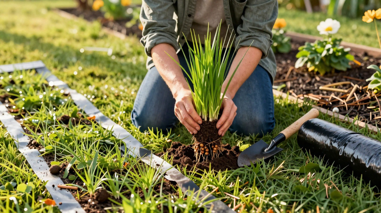Pessoa plantando muda de planta em jardim com ferramentas de jardinagem ao redor.