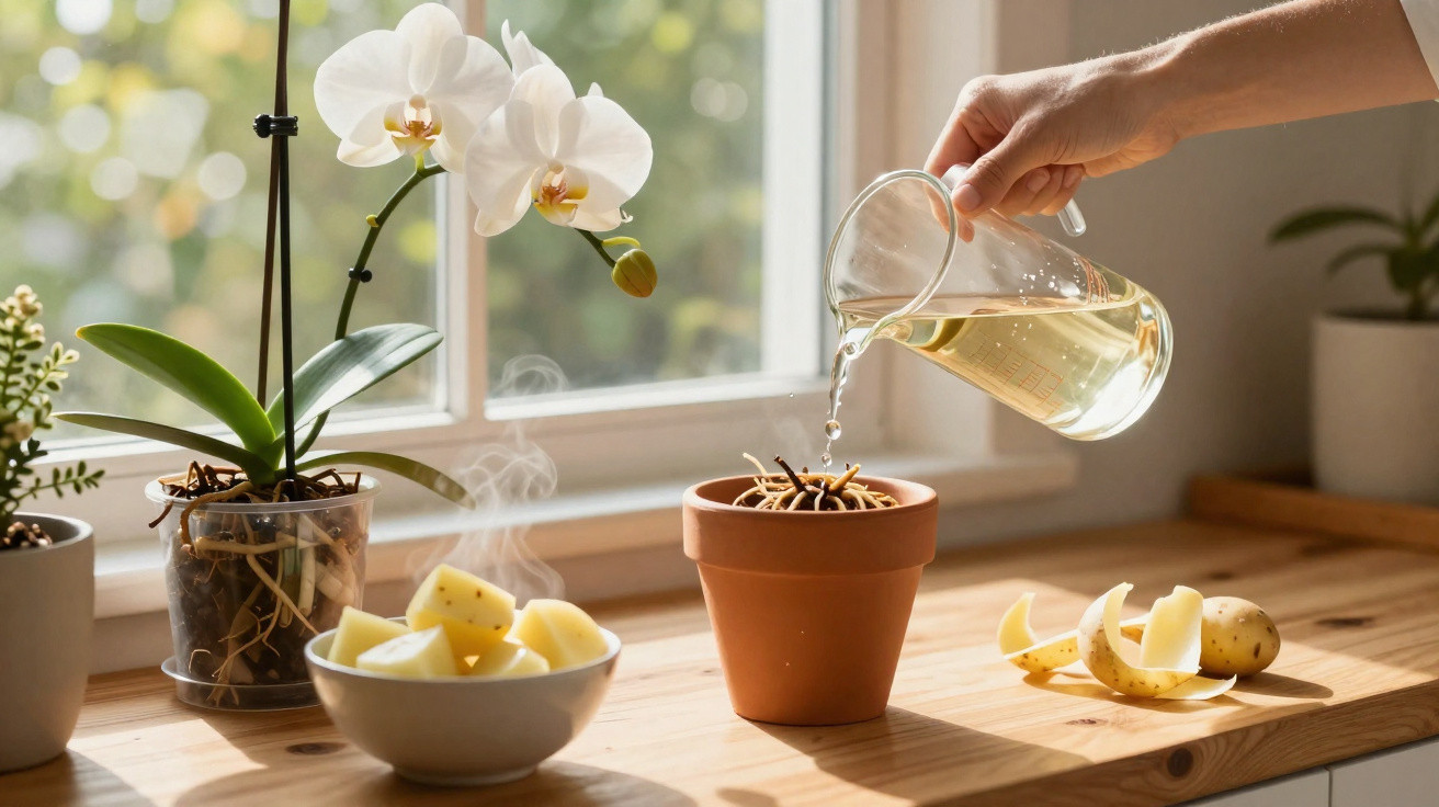 Mão regando vaso de barro com líquido, orquídea branca e batatas cortadas em bancada de madeira.
