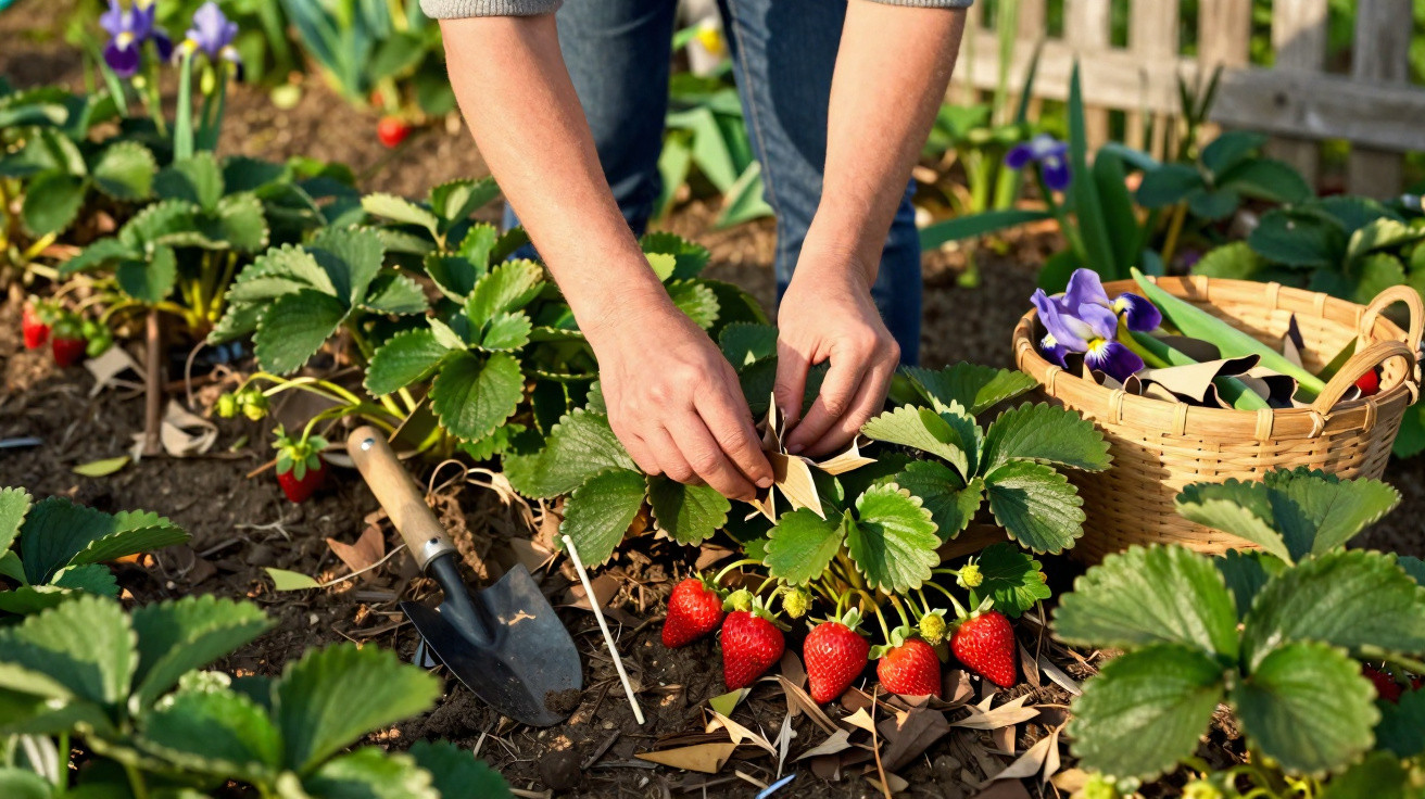 Pessoa cuidando de plantas de morango com frutos vermelhos maduros e folhas verdes em jardim ensolarado.