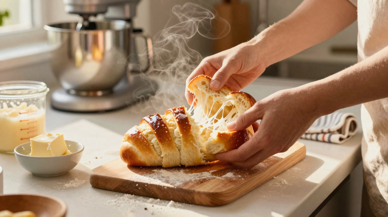 Pão trançado assado com queijo derretido, fumegante, sendo puxado por mãos em bancada iluminada.