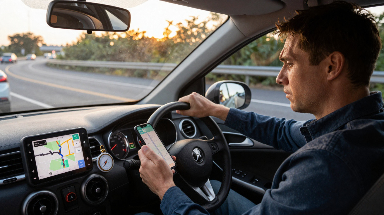 Homem dirigindo carro e olhando para celular com aplicativo de navegação na mão durante o pôr do sol.