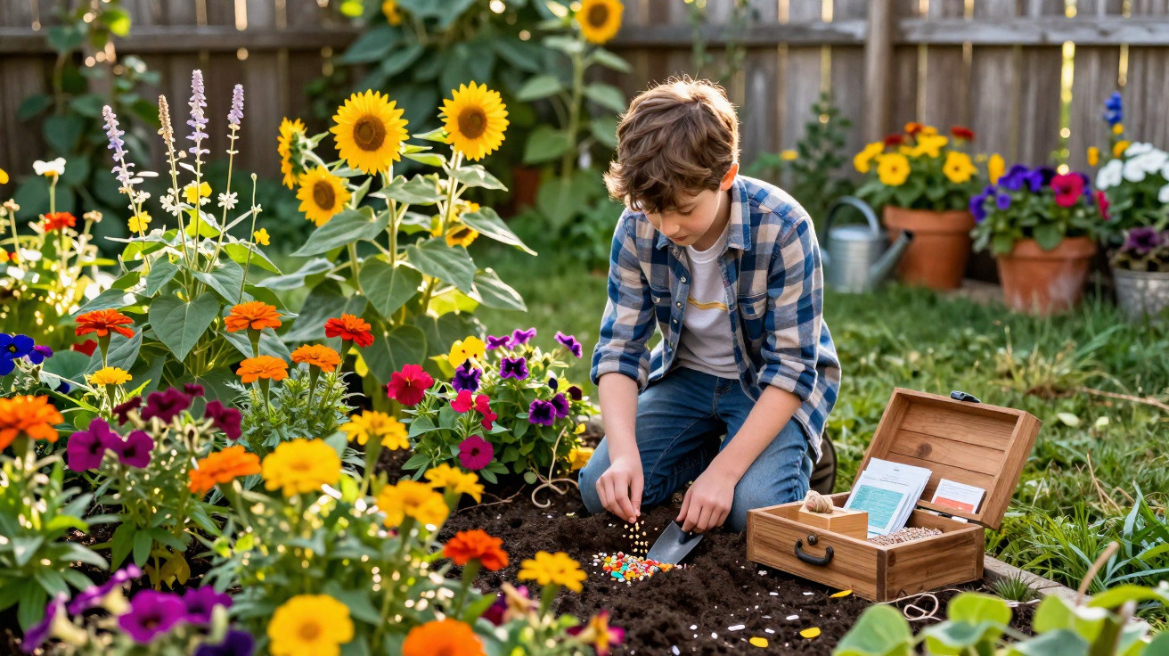 Menino plantando sementes em canteiro cercado por flores coloridas em jardim ensolarado.
