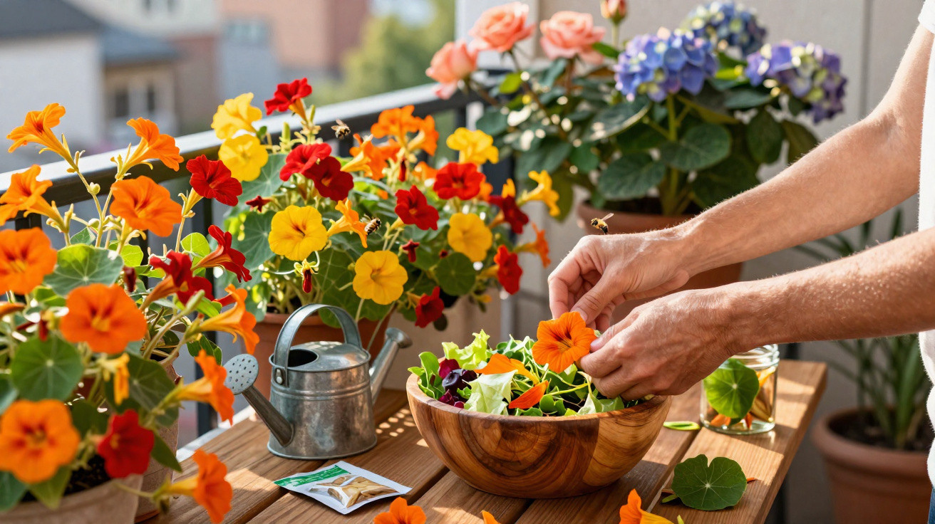 Mãos colhendo flores laranjas de vaso para salada em varanda com regador e flores coloridas ao fundo.