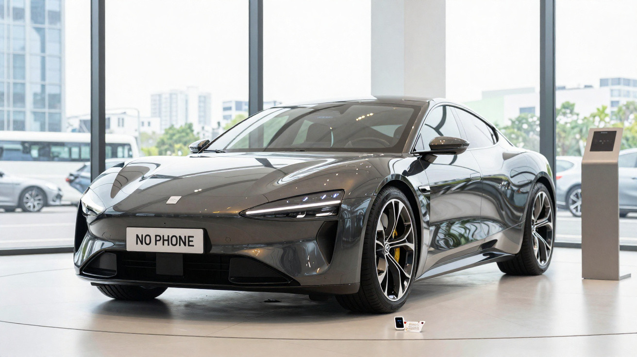 Carro esportivo cinza escuro elétrico exposto em salão com placa frontal "NO PHONE".