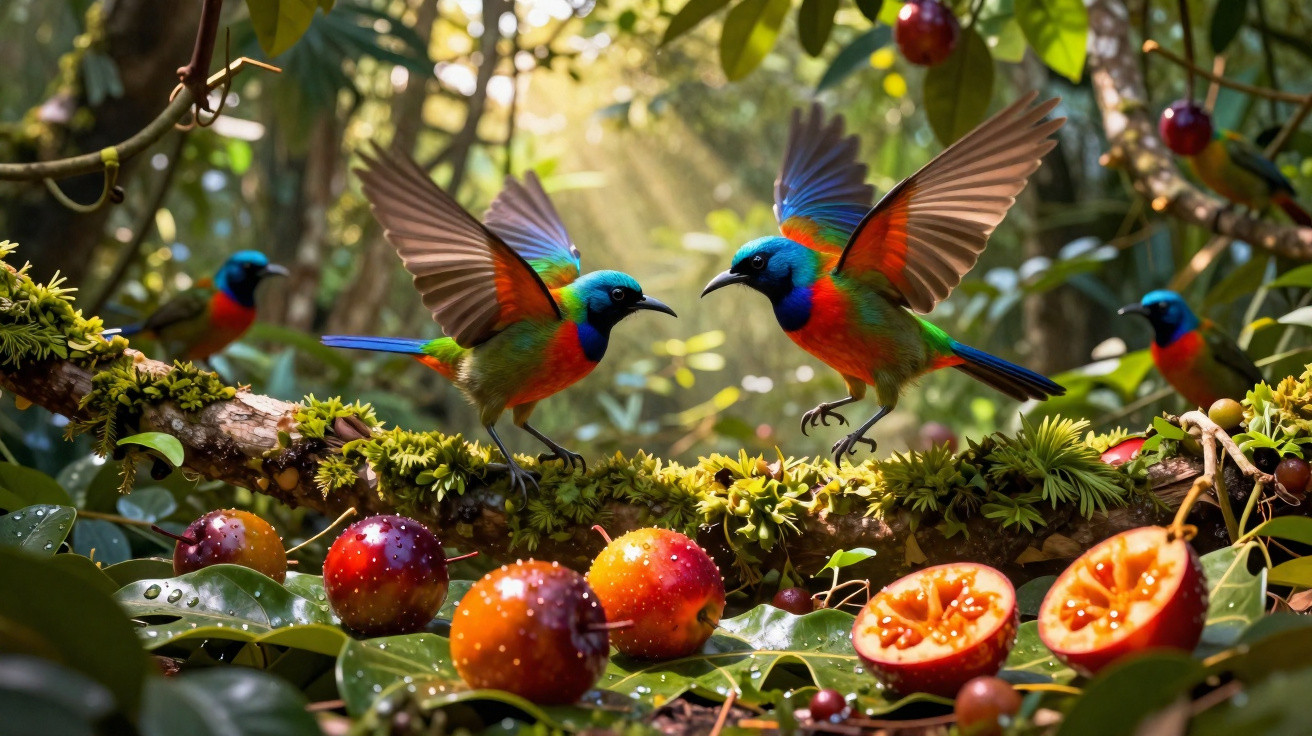 Pássaros coloridos em um galho coberto de musgo, cercados por frutas vermelhas em floresta densa.