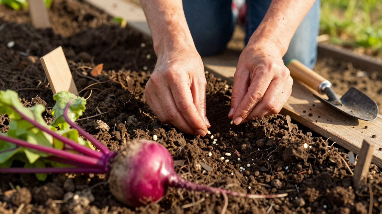 Mãos plantando sementes na terra de uma horta, com beterraba fresca ao lado e pá de jardinagem.