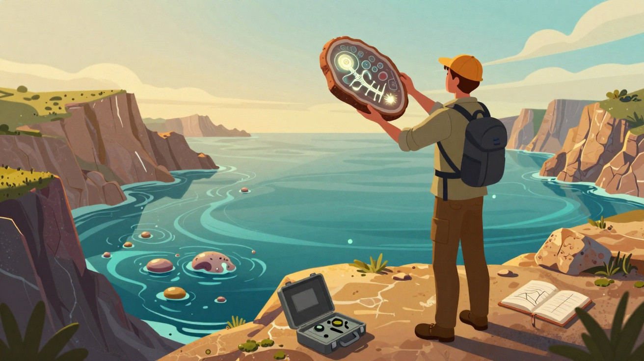 Ilustração de pesquisador examinando um artefato em penhasco com paisagem de mar e montanhas ao fundo.