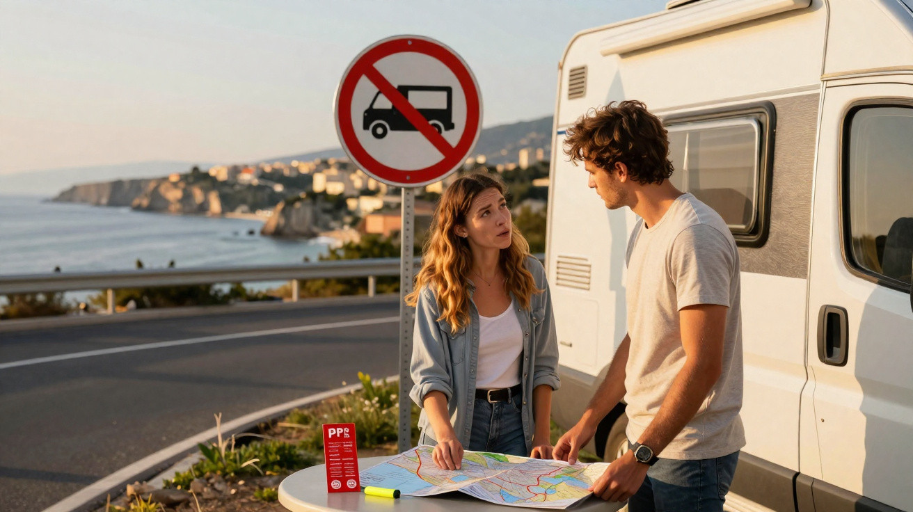 Casal consulta mapa ao lado de trailer em estrada costeira com placa proibindo caminhões.