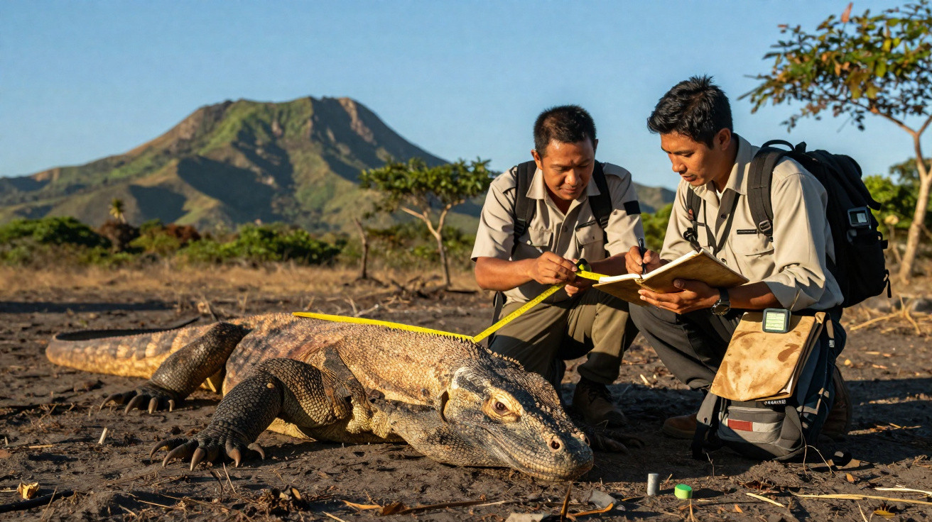 Dois pesquisadores medem um dragão-de-komodo em área seca com montanha ao fundo.