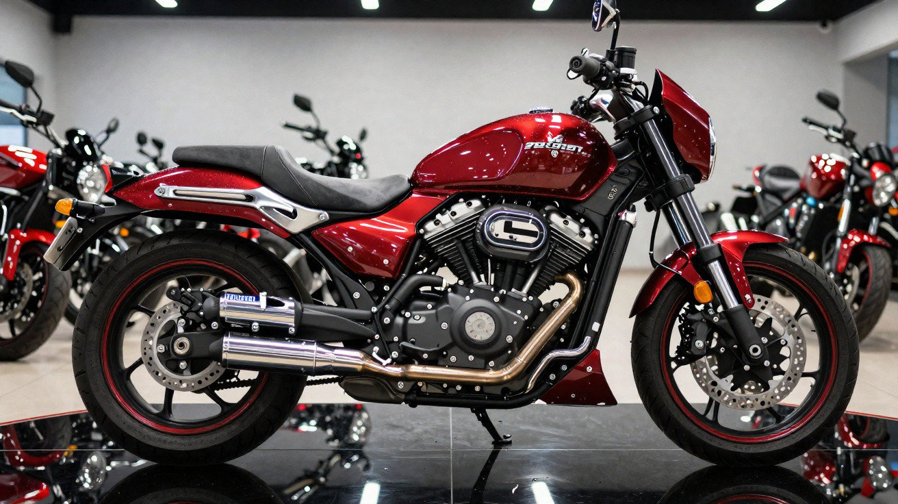 Moto esportiva vermelha modelo Pro Street exposta em showroom com outras motos ao fundo.