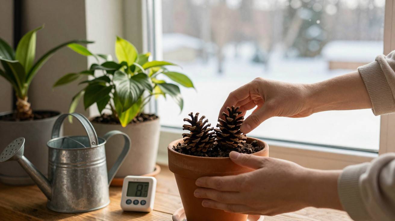 Mãos colocam pinhas em vaso de barro com planta próximo a regador, plantas e termômetro digital na janela.