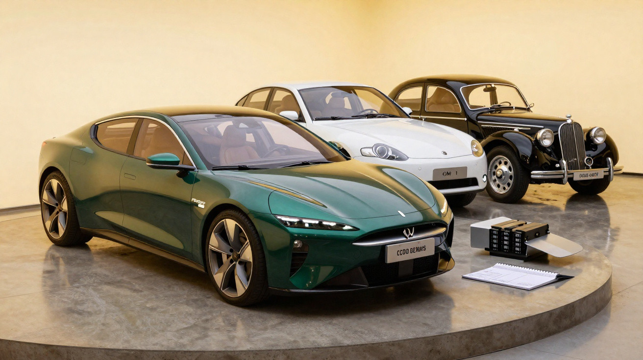 Três carros da mesma marca em exposição: um verde moderno, um branco clássico e um preto antigo.
