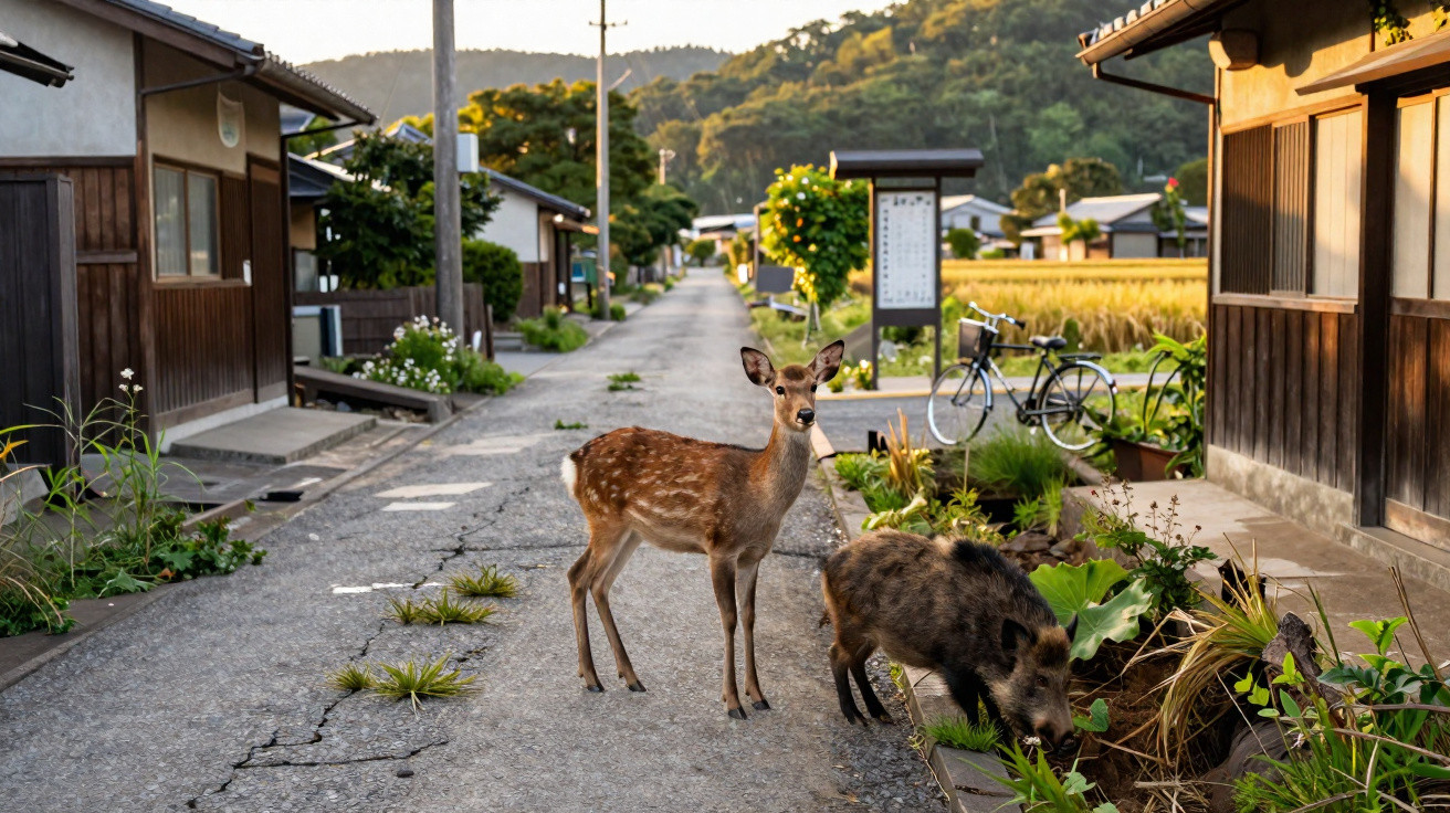 Veado e javali jovens caminhando em rua de vila rural cercada por casas e vegetação.