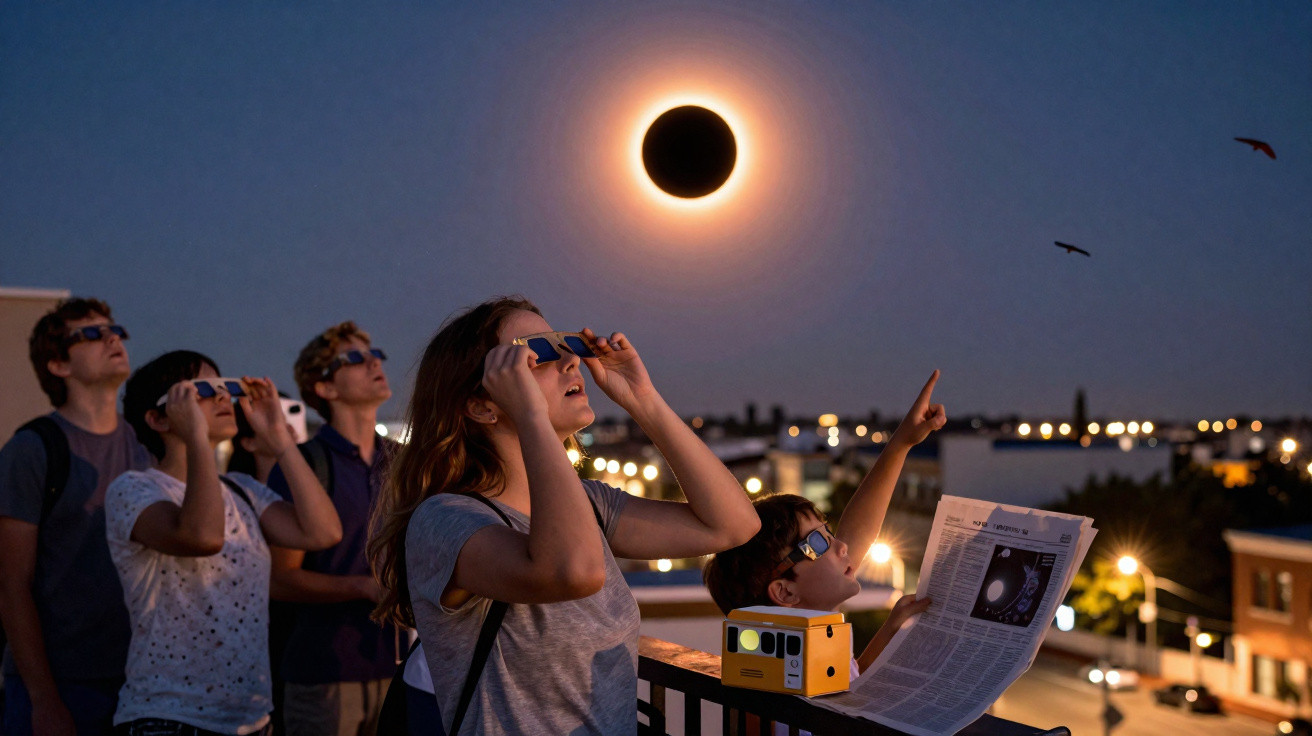 Grupo de pessoas com óculos especiais observando eclipse solar em ambiente urbano ao entardecer.