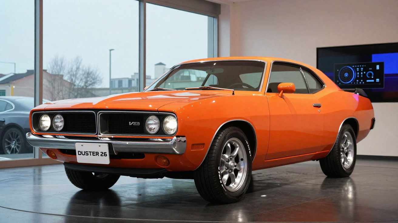 Carro clássico esportivo laranja modelo Duster 26 exibido em salão com piso brilhante.