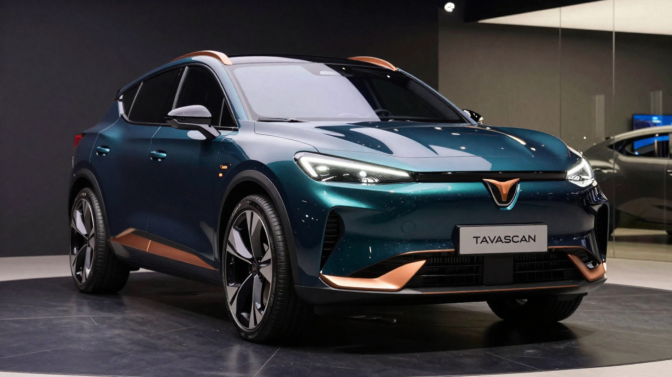 Carro elétrico azul escuro Cupra Tavascan exibido em ambiente interno com detalhes em cobre.