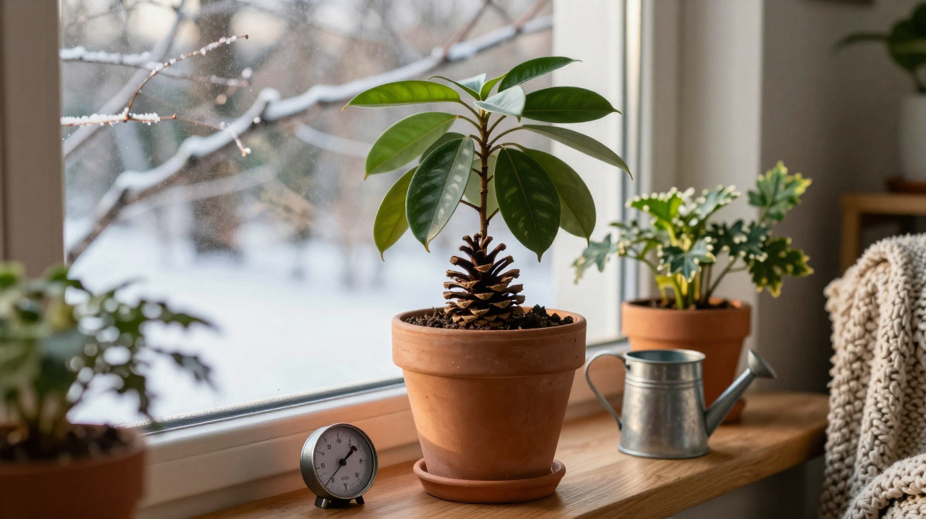 Vaso com planta e pinha na janela, regador de metal e termômetro em ambiente aconchegante no inverno.