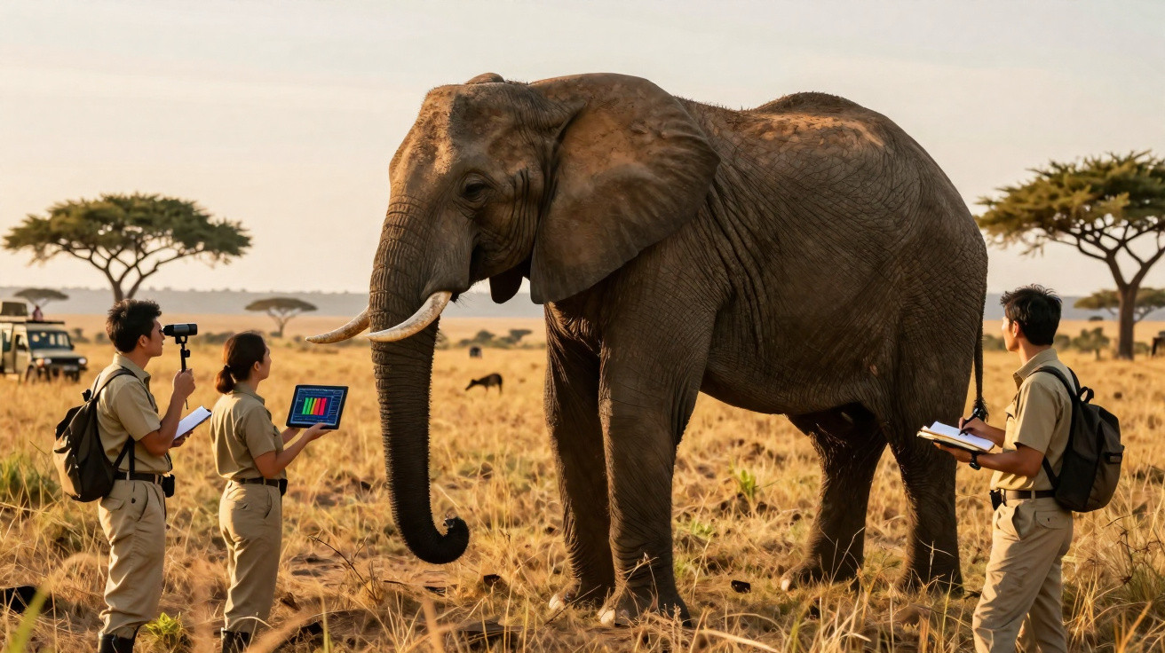 Equipe de pesquisadores observando e registrando dados de um elefante na savana ao entardecer.