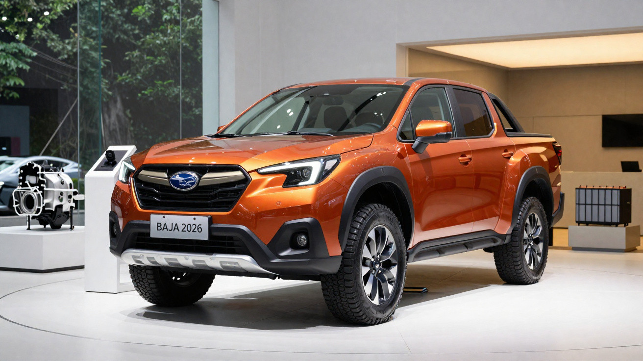 Picape Subaru Baja 2026 laranja em exposição em salão automotivo moderno.