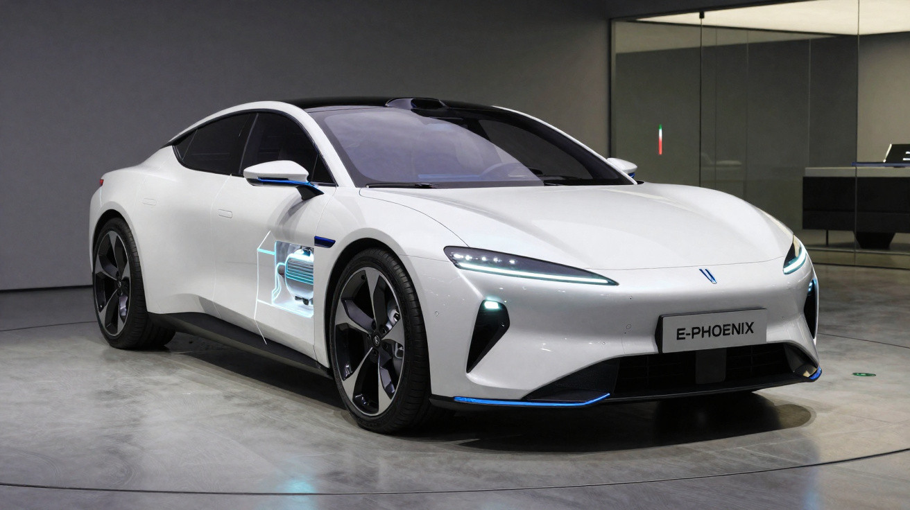 Carro elétrico branco E-Phoenix em exposição, com design aerodinâmico e faróis LED modernos.