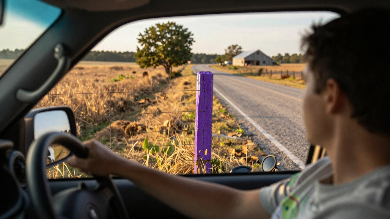 Homem dirigindo carro na estrada rural com cerca e árvore ao fundo ao entardecer.