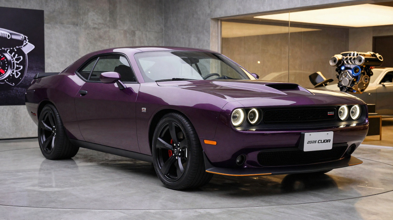 Carro esportivo Dodge Challenger roxo em exposição, com faróis acesos e rodas pretas.