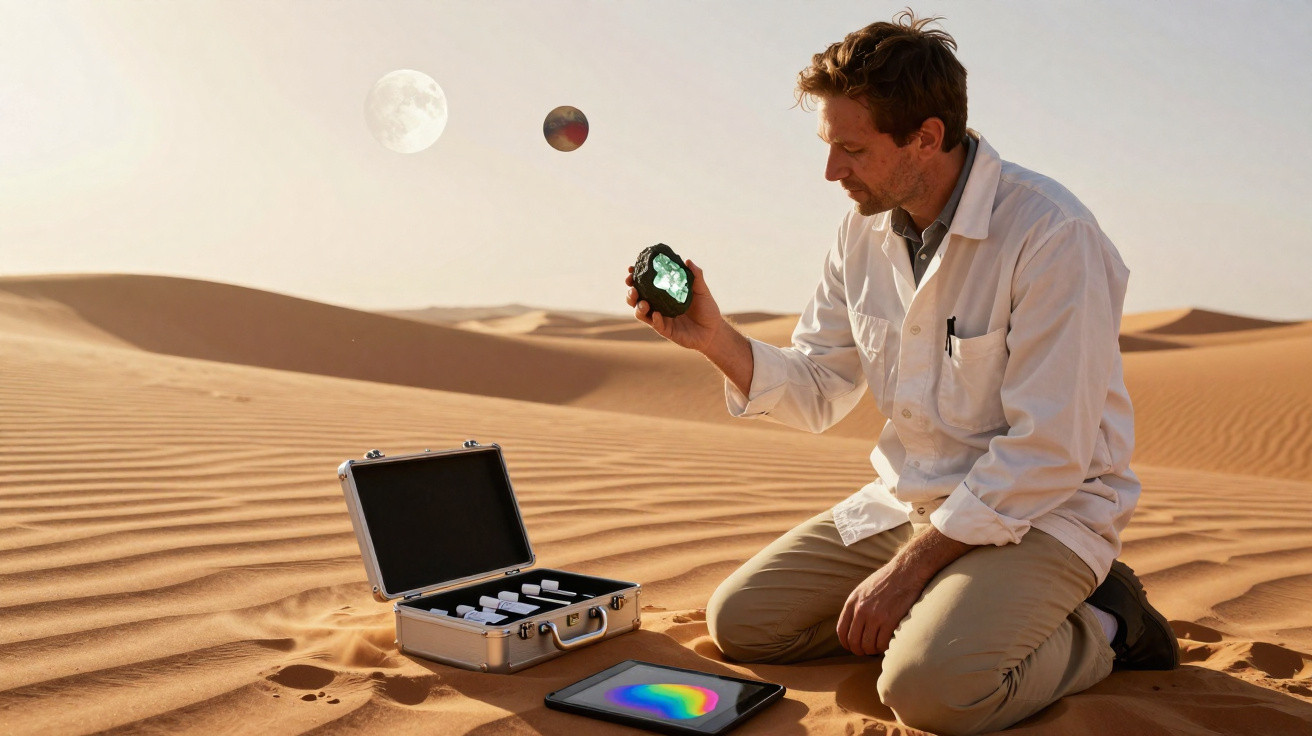 Homem em jaleco branco analisa pedra verde no deserto com equipamentos científicos ao redor.