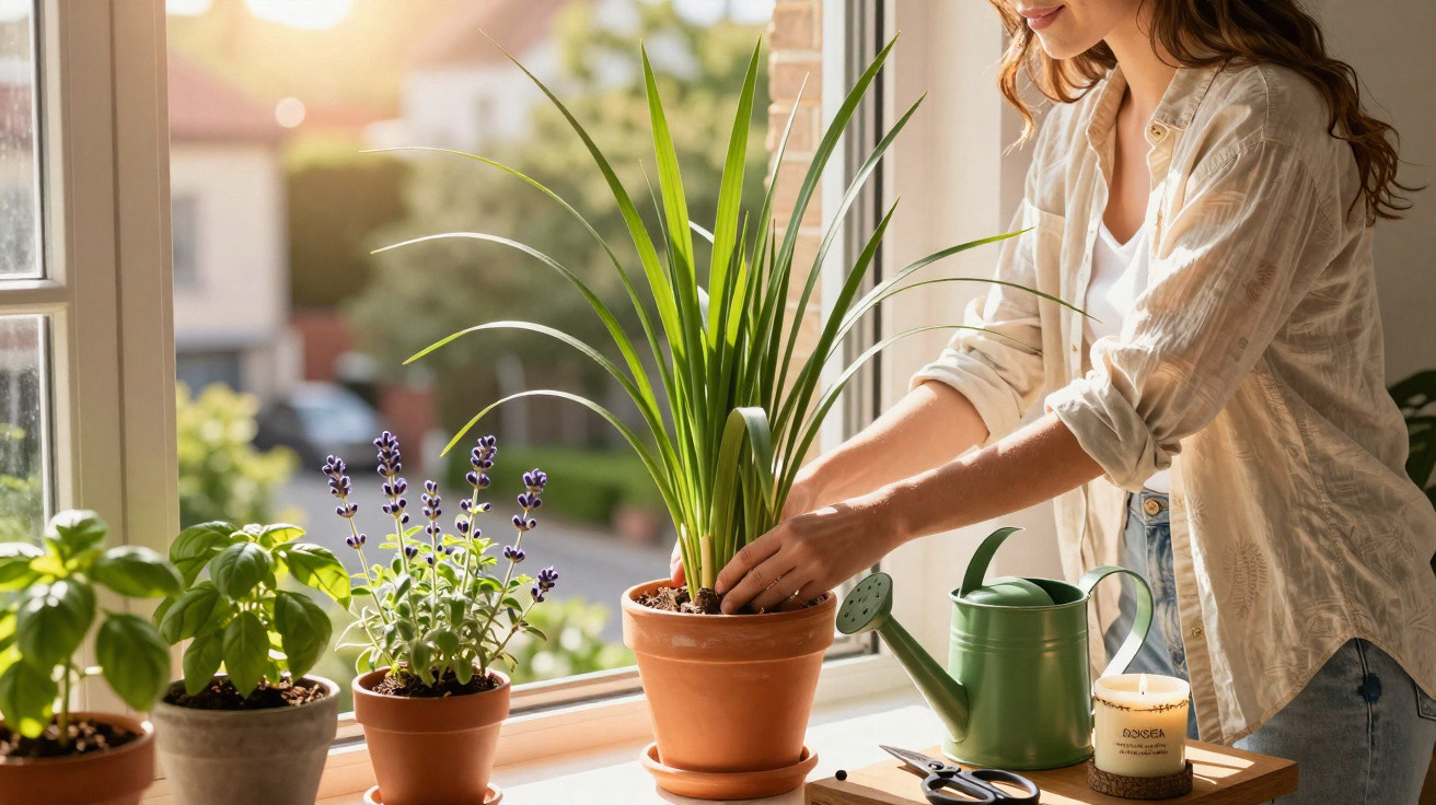 Mulher cuidando de plantas em vasos na janela ensolarada de uma casa.