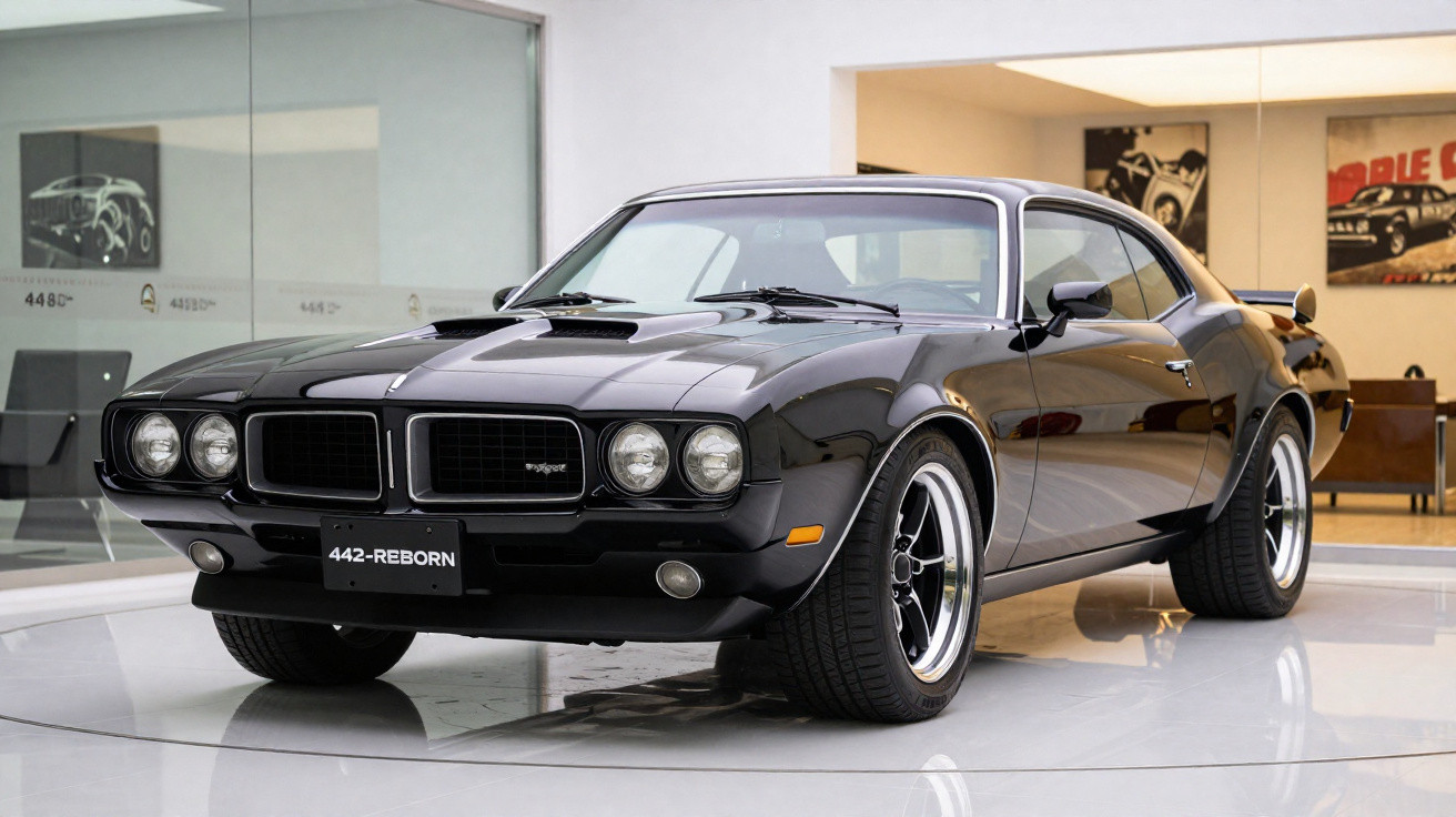 Carro clássico preto 442-Reborn com faróis duplos, rodas esportivas e design aerodinâmico exposto em showroom.