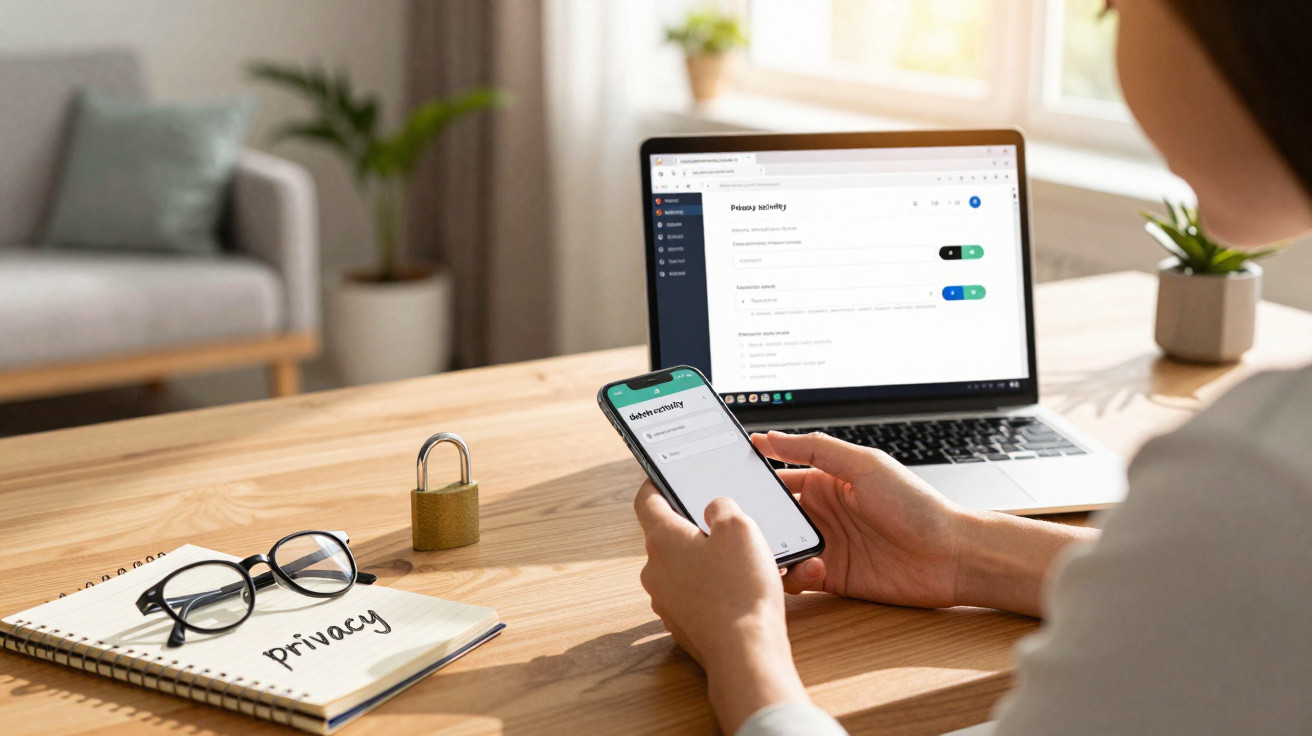 Pessoa segurando celular com configurações de privacidade ao lado de notebook e caderno com palavra "privacy".