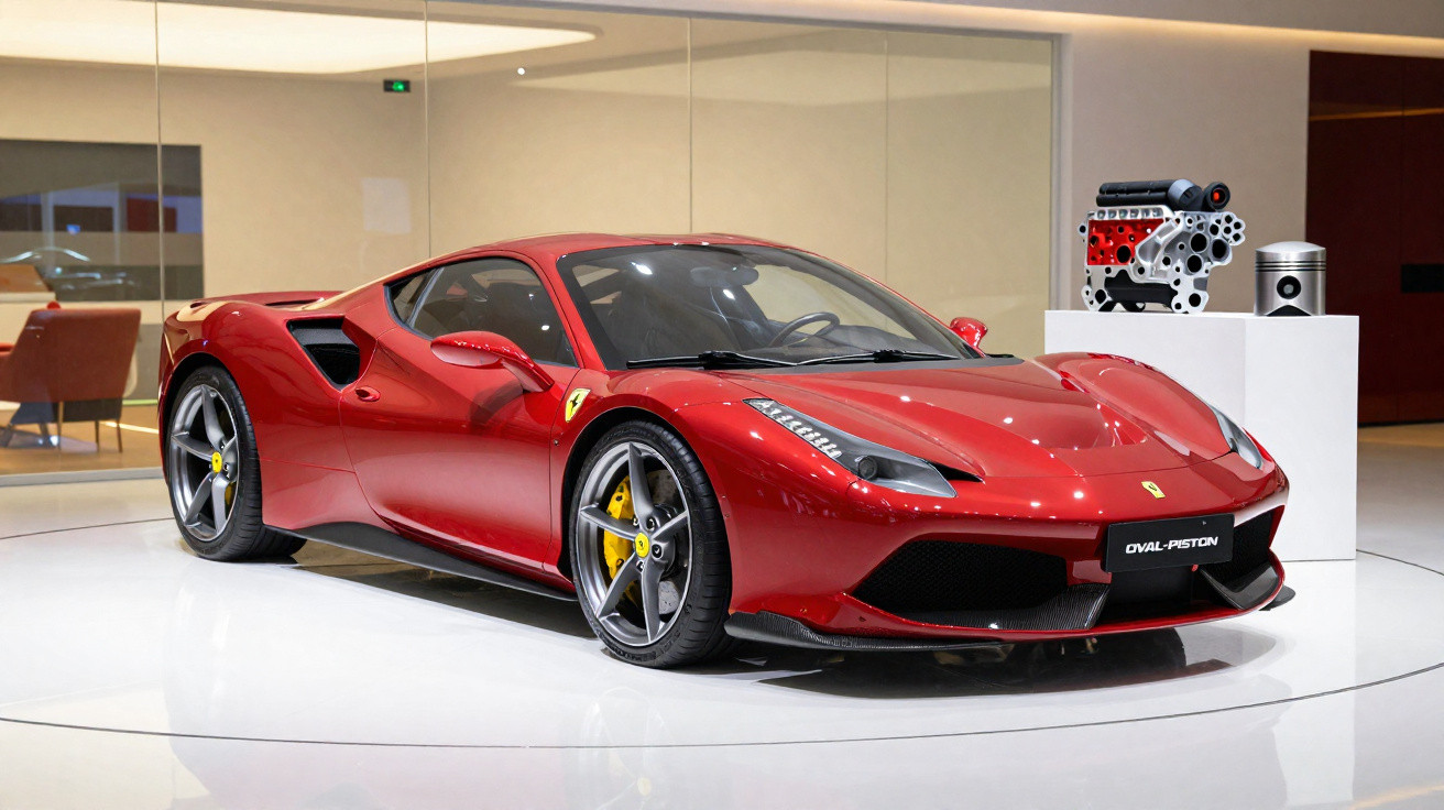 Carro esportivo Ferrari vermelho exibido em plataforma branca com motor desmontado ao fundo.