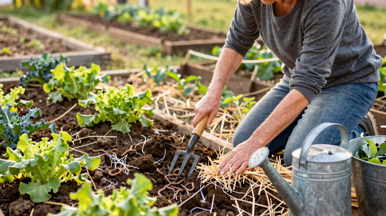 Pessoa com jardineira cultivando plantas verdes em canteiro com enxada e regador na horta.