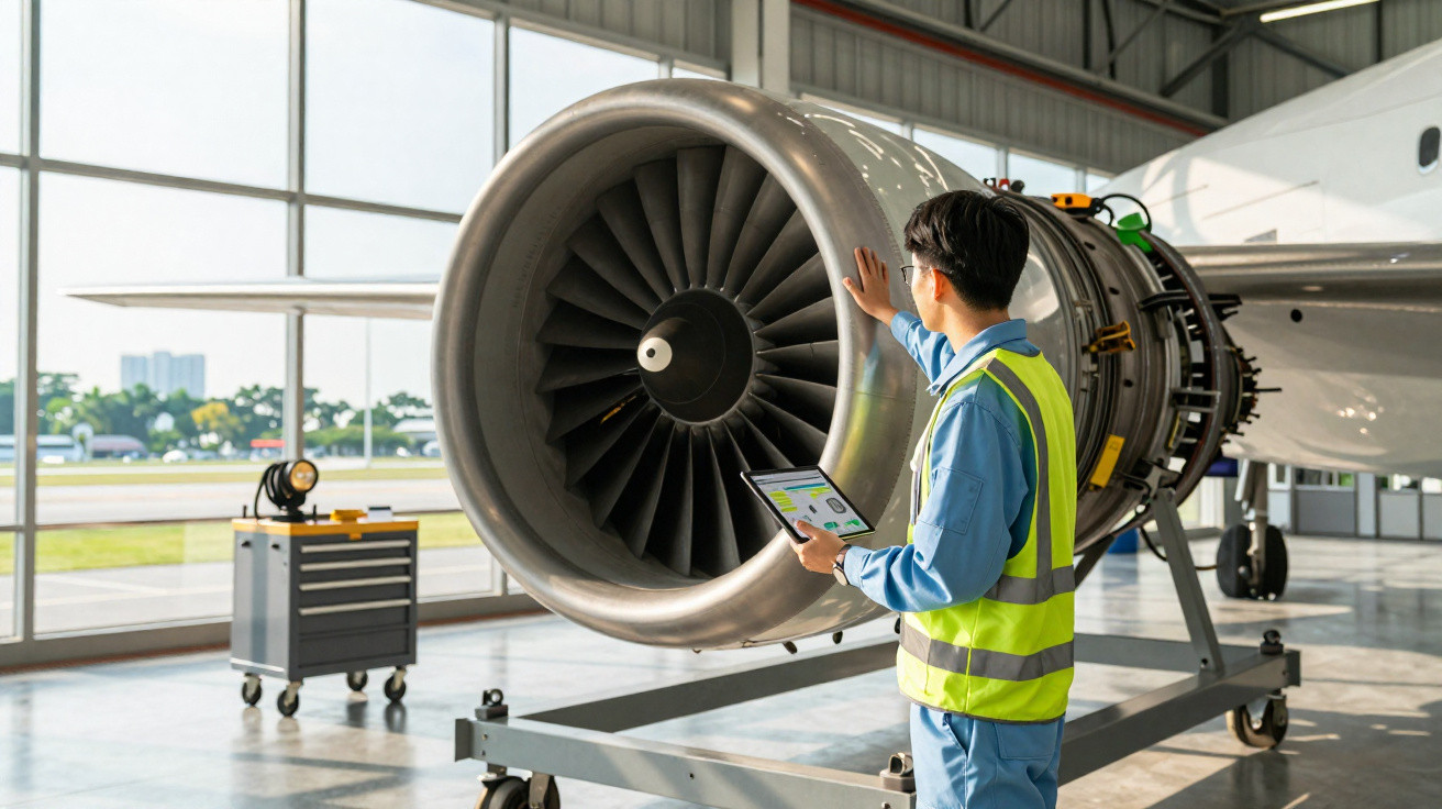 Engenheiro de manutenção inspeciona motor de avião em hangar com tablet na mão.