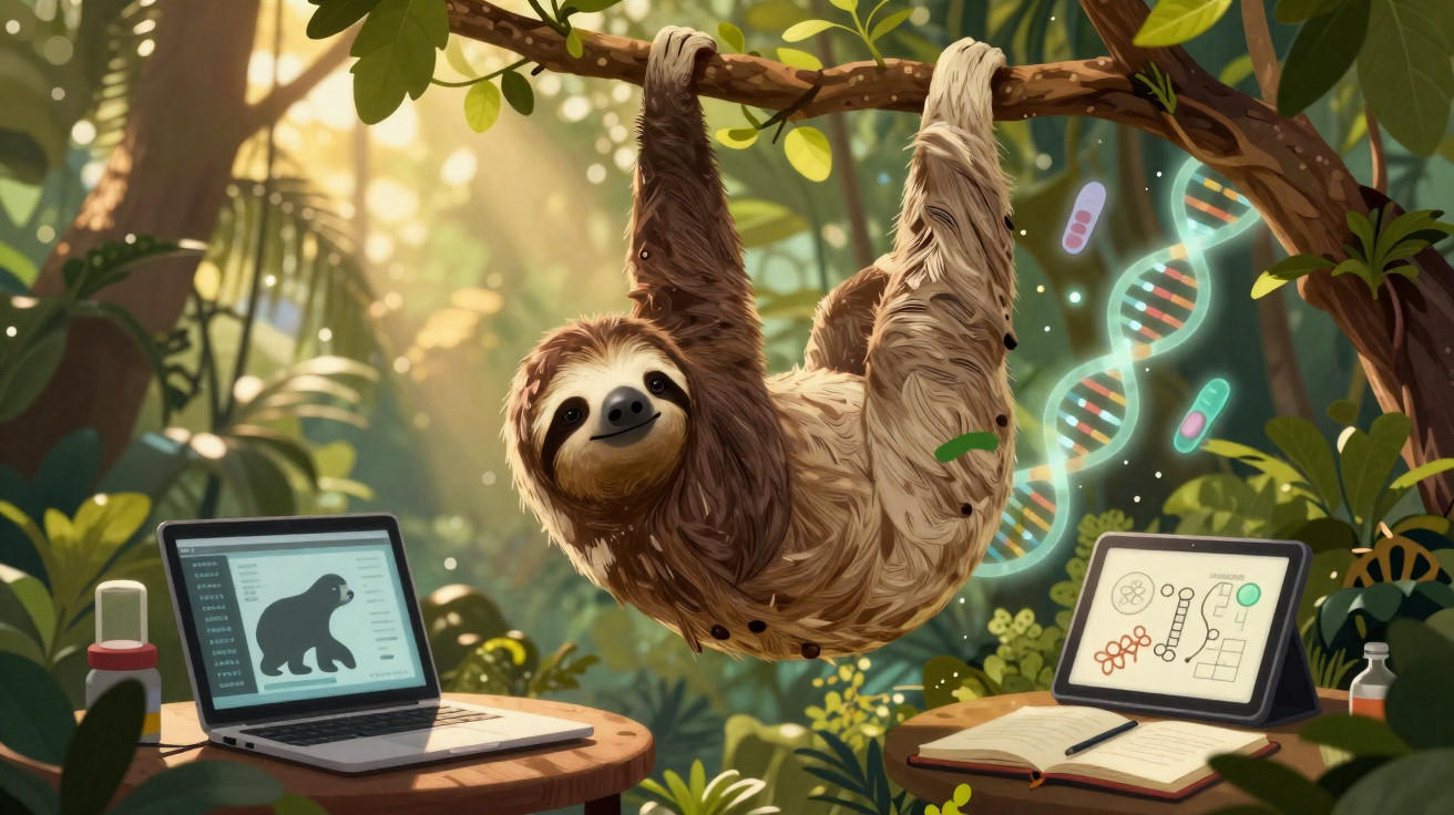 Bicho-preguiça pendurado em galho cercado de computadores e ilustrações de DNA na floresta.