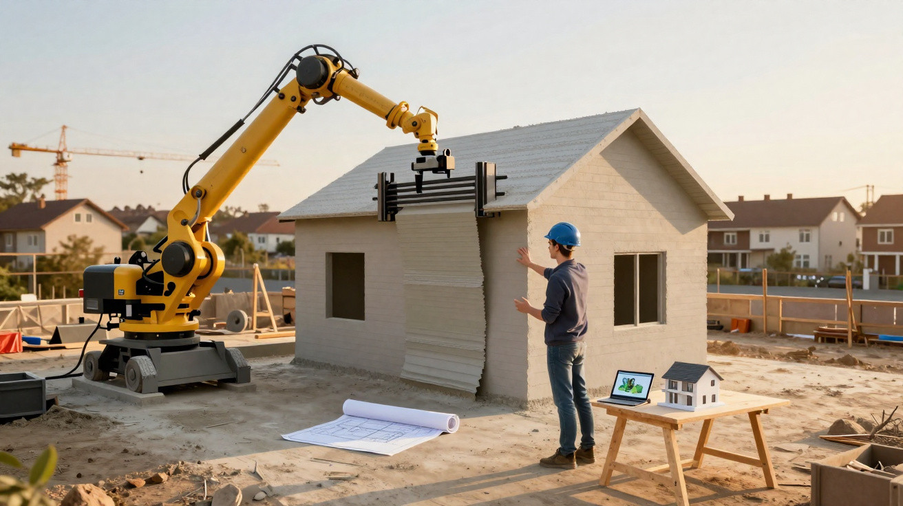 Robô imprime casa em 3D em canteiro de obras com homem observando e planta baixa ao lado.