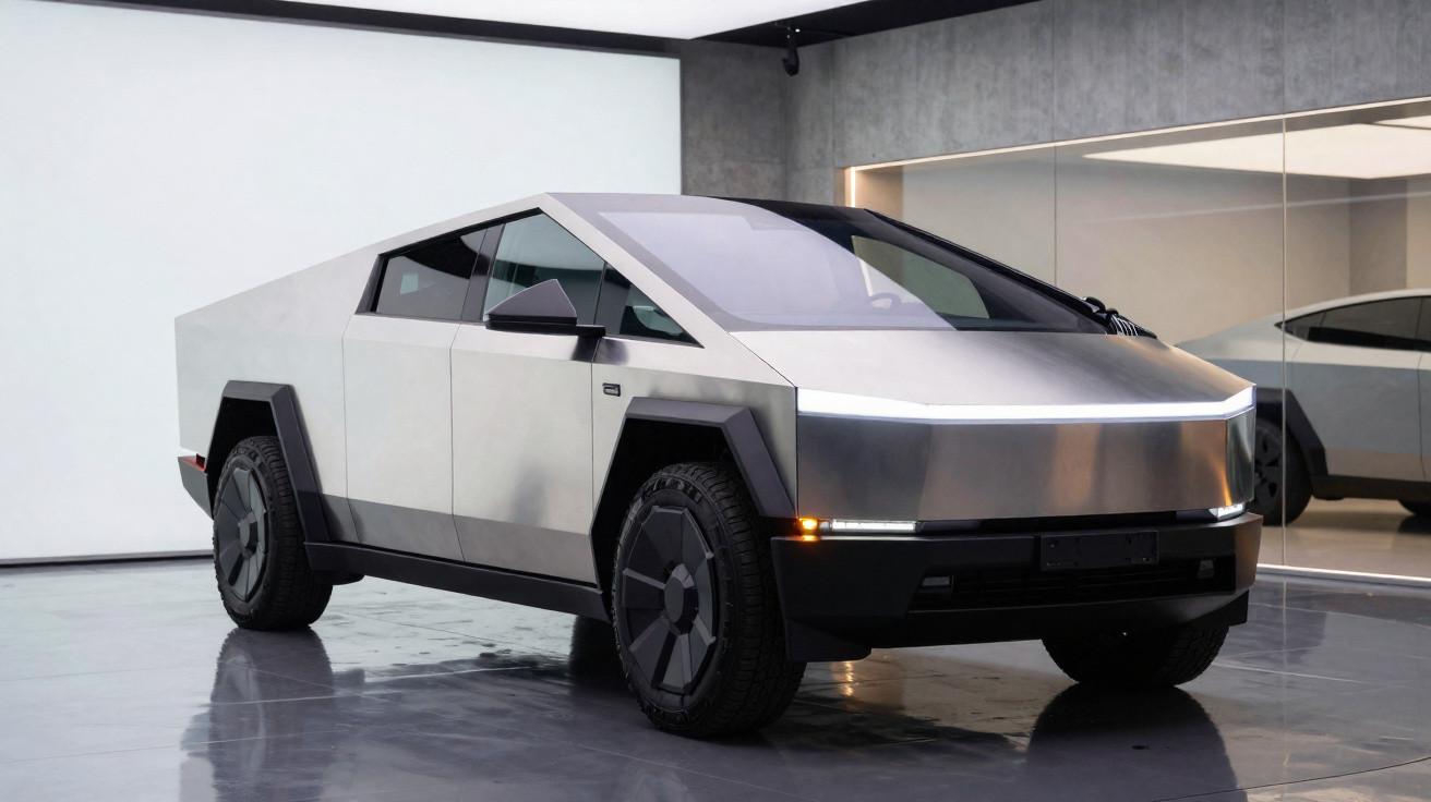 Picape elétrica futurista Tesla Cybertruck cinza em showroom moderno com piso refletivo.