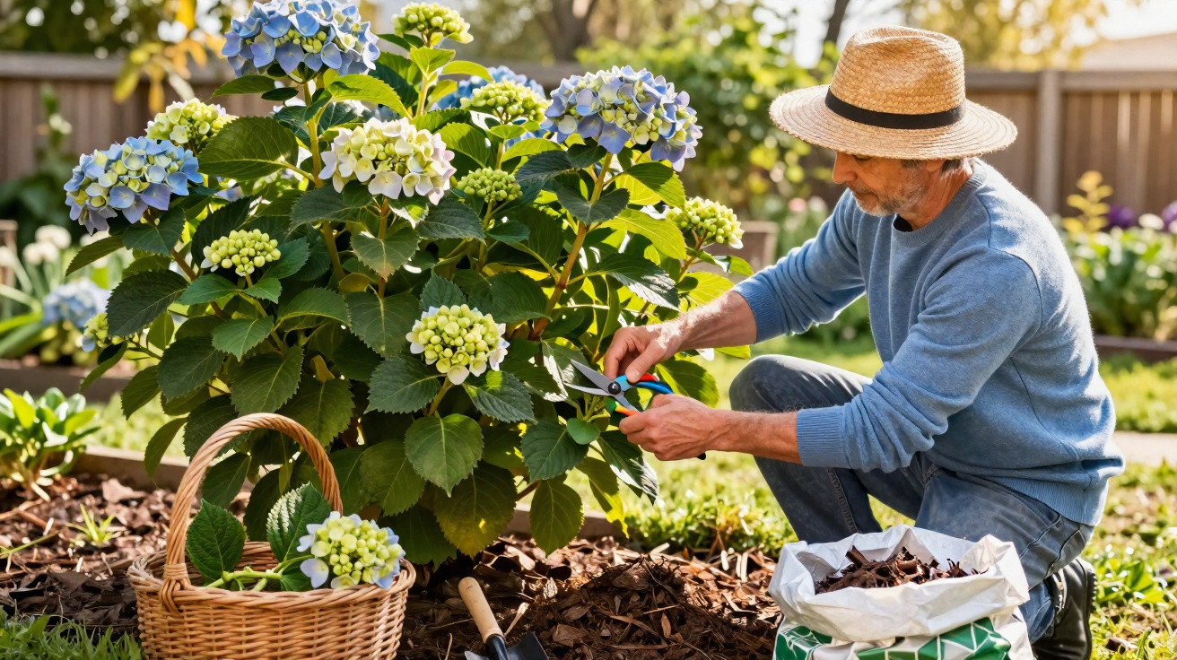 Homem com chapéu cuidando de hortênsia azul em jardim, cercado por cesta e saco de terra.
