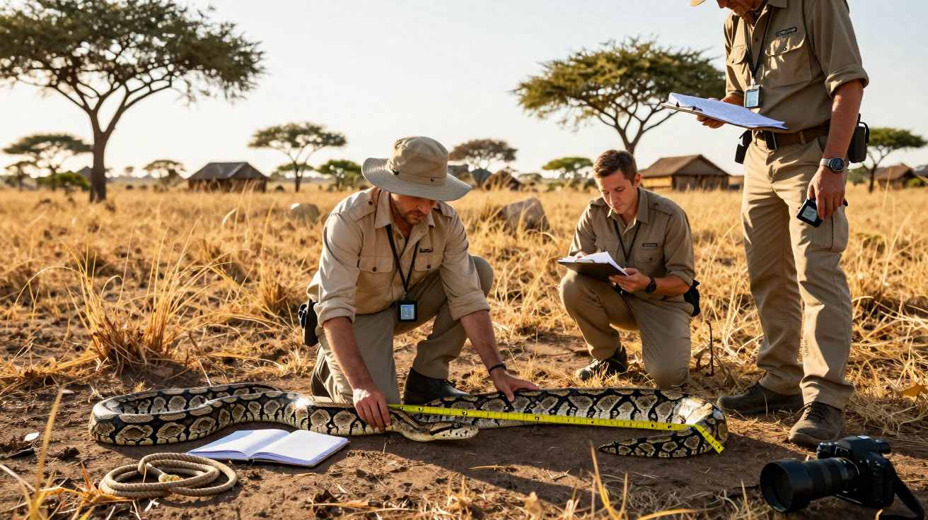 Três pesquisadores medem e registram dados de uma grande cobra em área seca com árvores e cabanas ao fundo.