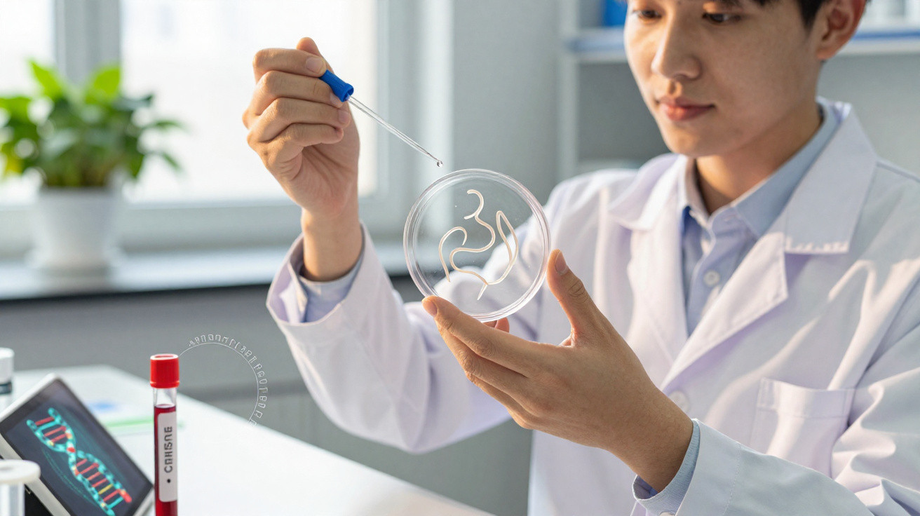 Cientista em jaleco segurando placa de petri com ilustração de feto e usando pipeta em laboratório.