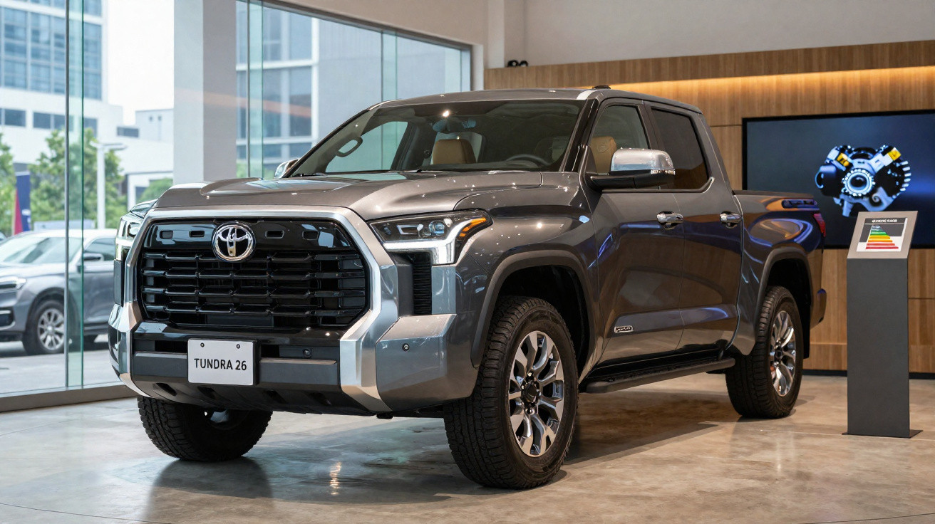 Picape Toyota Tundra cinza em exposição dentro de showroom moderno.